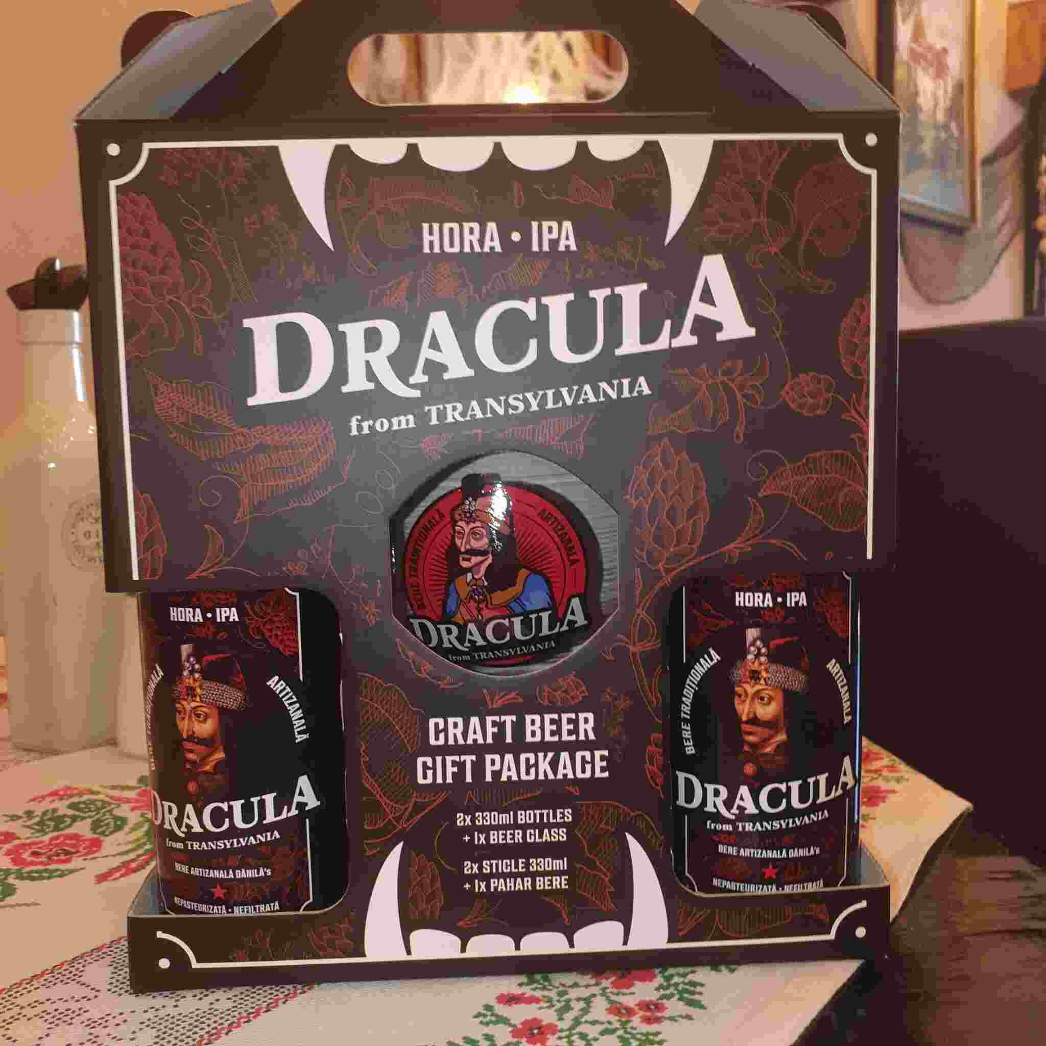 Pachet cadou Dracula HORA IPA, cu două sticle de bere și un pahar