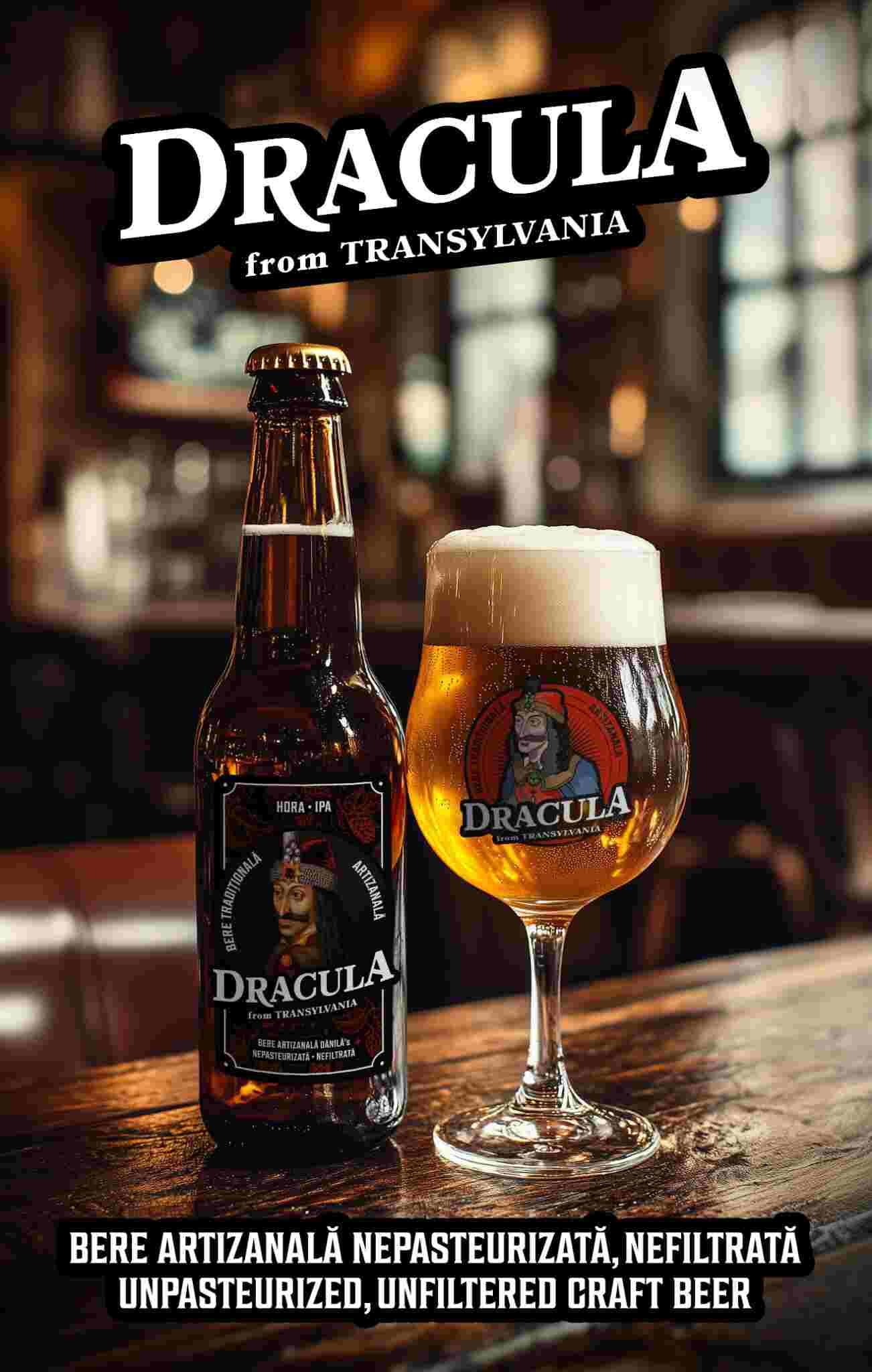 Bere Dracula HORA IPA lângă un pahar cu bere